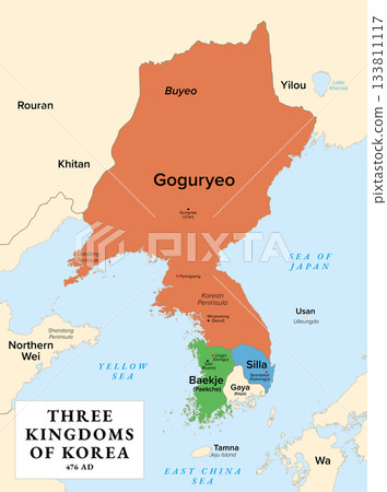Three Kingdoms of Korea, history map. Goguryeo, Baekje, and Silla in the year 476 AD, the moment of greatest territorial expansion of Goguryeo after annexing Buyeo. Gaya is not part of Three Kingdoms. Three Kingdoms of Korea, history map. Goguryeo, Baekje, and Silla in the year 476 AD, the moment of greatest territorial expansion of Goguryeo after annexing Buyeo. Gaya is not part of Three Kingdoms. 133811117