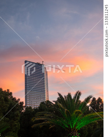 Construction of a multi-storey building against the backdrop of the sunset sky. Construction at the resort. Landscapes of Batumi. A developing place. Construction industry. 133811245