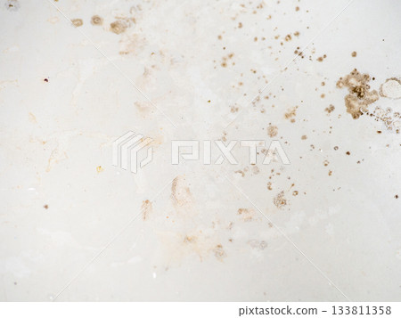Mold on the enamel in the bathroom. Mold spores in the bathroom. Black dots on a white background. The problem of everyday life. The need for a cleaning product. 133811358