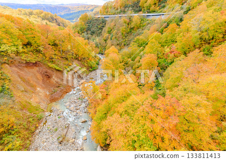 從秋田縣仙北市玉川溫泉橋上看到的秋景 133811413