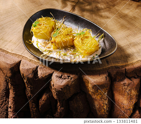 Delicious plated dish of crispy treats served on a rustic wooden surface 133811481