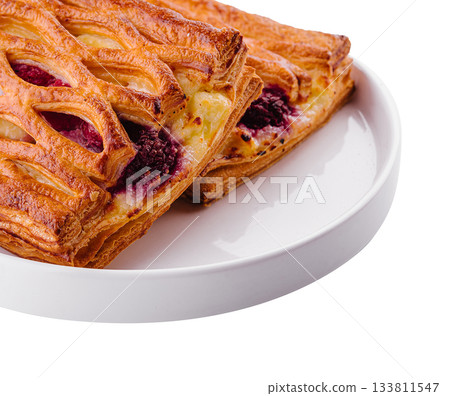 Delicious raspberry pastry prepared for afternoon dessert or snack time 133811547