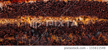 Rich chocolate cake layered with caramel and crunchy nuts ready to serve Rich chocolate cake layered with caramel and crunchy nuts ready to serve 133811549