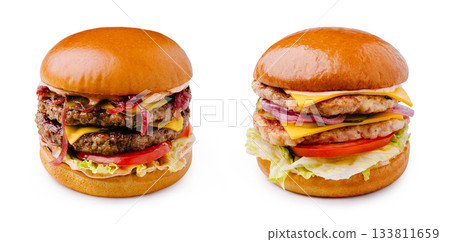 Two mouthwatering burgers are displayed side by side Two mouthwatering burgers are displayed side by side 133811659