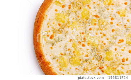 Delicious cheesy pizza topped with rich ingredients on a wooden table 133811724