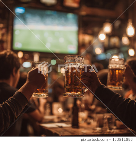 在熱鬧的運動酒吧舉杯暢飲啤酒 133811893