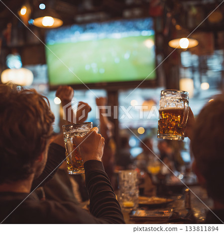 在熱鬧的運動酒吧舉杯暢飲啤酒 133811894