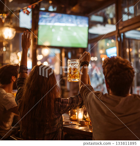 Beer toast at a lively sports bar 133811895