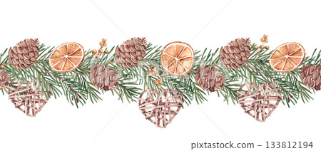 Pine or Fir Branches with cones Horizontal Watercolor Seamless border Pattern. Hand painted illustration of Winter forest plant with dried oranges slices and wicker toy. Can be used for fabric 133812194