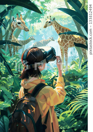 Young girl wearing virtual reality headset exploring a vibrant jungle with giraffes in view Young girl wearing virtual reality headset exploring a vibrant jungle with giraffes in view 133812494