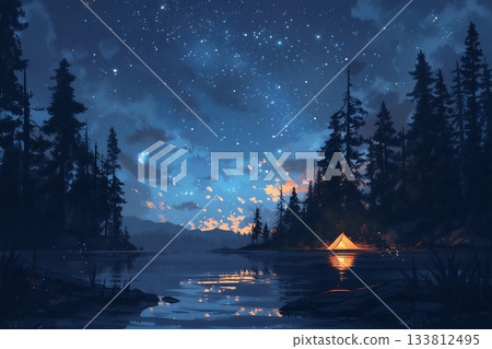 Nighttime camping scene with glowing tent by a tranquil lake under a starry sky 133812495