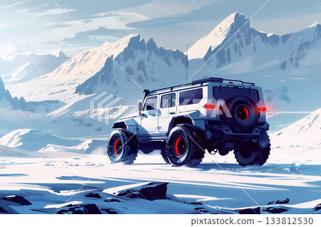 Off-road vehicle navigating snowy landscape with mountains in the background and clear skies 133812530