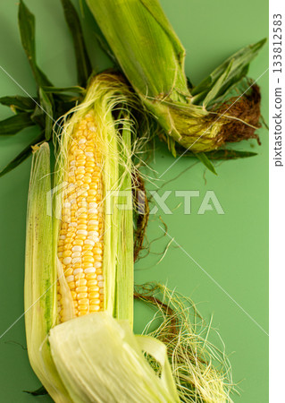 unhusked corn cob with fresh fibers and leaves unhusked corn cob with fresh fibers and leaves 133812583