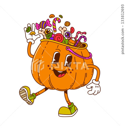 Groovy Halloween pumpkin character walking with candy bucket. Funky Halloween pumpkin mascot with legs and arms. Vector treats eyeballs, bones, candy canes, gummies, and lollipops Groovy Halloween pumpkin character walking with candy bucket. Funky Halloween pumpkin mascot with legs and arms. Vector treats eyeballs, bones, candy canes, gummies, and lollipops 133812693