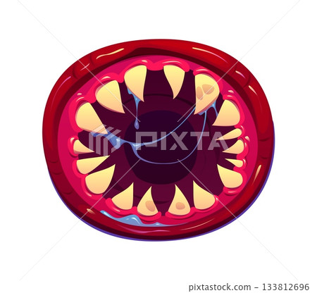 Cartoon Halloween monster jaw with open screaming mouth, dripping blue saliva, and sharp yellow fangs. Vector circular evil grin with glossy red gums and sticky drool threads. Scary Halloween mask 133812696