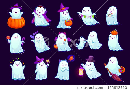 Cartoon Halloween kawaii ghost vector characters. Ghosts in witch and warlock hats, vampire cape, pumpkin costume, holding candy, lantern, broom and ghost dog, carrying basket, playing with magic wand Cartoon Halloween kawaii ghost vector characters. Ghosts in witch and warlock hats, vampire cape, pumpkin costume, holding candy, lantern, broom and ghost dog, carrying basket, playing with magic wand 133812710