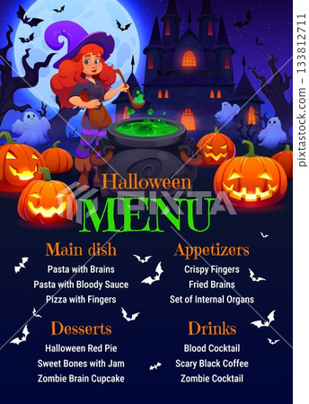 Halloween scary menu with cartoon cheerful witch in purple hat mixes glowing bubbling green potion in large cauldron. Smiling jack o lantern, dark castle and eerie ghost on Halloween party vector menu Halloween scary menu with cartoon cheerful witch in purple hat mixes glowing bubbling green potion in large cauldron. Smiling jack o lantern, dark castle and eerie ghost on Halloween party vector menu 133812711