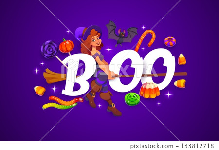 Halloween greeting vector card with boo quote, cartoon funny flying witch on broom, bat and scary holiday candies. Smiling young witch in a purple hat riding a broomstick for Halloween greeting card Halloween greeting vector card with boo quote, cartoon funny flying witch on broom, bat and scary holiday candies. Smiling young witch in a purple hat riding a broomstick for Halloween greeting card 133812718