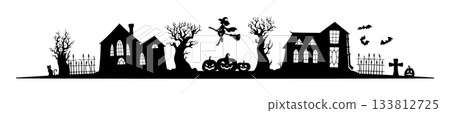 Halloween scary haunted house, vampire old mansion silhouette. Horror scary haunted home, Halloween spooky mansion vector silhouette with witch flying on boom, dead trees, pumpkins and cemetery graves 133812725
