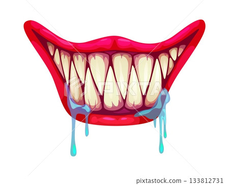 Cartoon monster mouth with sharp vampire fangs dripping blue slime and saliva. Creepy Halloween smile showing evil teeth, red lips, and spooky grin. Vector scary character with dripping drool Cartoon monster mouth with sharp vampire fangs dripping blue slime and saliva. Creepy Halloween smile showing evil teeth, red lips, and spooky grin. Vector scary character with dripping drool 133812731