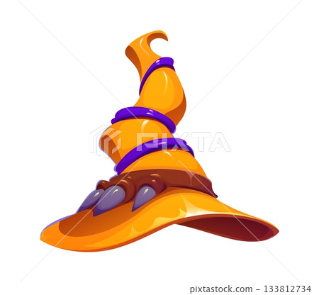 Cartoon Halloween witch, wizard and sorcerer hat. Orange witch headwear with twisted, curved top wrapped in shiny purple bands, with sharp dark claws gripping the fabric. Vector Halloween party hat Cartoon Halloween witch, wizard and sorcerer hat. Orange witch headwear with twisted, curved top wrapped in shiny purple bands, with sharp dark claws gripping the fabric. Vector Halloween party hat 133812734