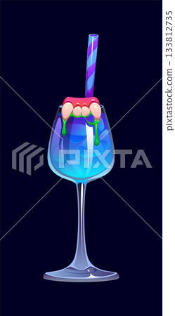 Halloween party blue cocktail beverage glass with blue drink, with fake gums and teeth dripping green slime. Scary bar menu, Halloween party, horror event cocktail. Mysterious and spooky fantasy brew Halloween party blue cocktail beverage glass with blue drink, with fake gums and teeth dripping green slime. Scary bar menu, Halloween party, horror event cocktail. Mysterious and spooky fantasy brew 133812735