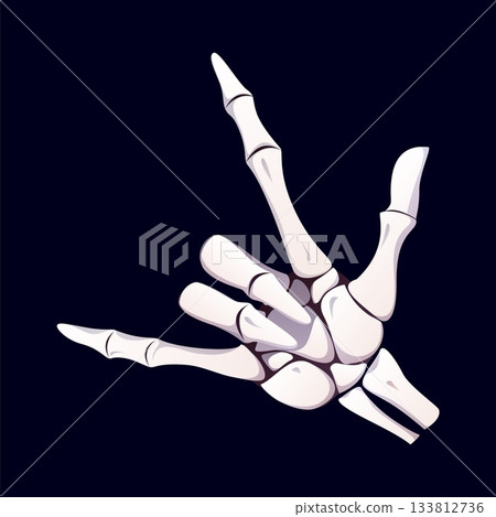 Halloween skeleton vector hand shows finger bones stretched outward in gesture resembling a heavy metal sign. Cartoon vector phalanges makes the iconic devil horns symbol, Halloween skeleton gesture Halloween skeleton vector hand shows finger bones stretched outward in gesture resembling a heavy metal sign. Cartoon vector phalanges makes the iconic devil horns symbol, Halloween skeleton gesture 133812736