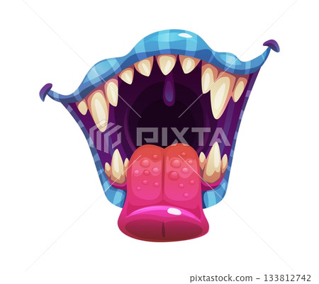 Cartoon monster mouth with sharp fangs and pink tongue. Vector purple and blue blistered lips on scary grin. Spooky face expression showing anger for Halloween holiday 133812742