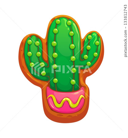 Cartoon cactus plant in pot cookie for Day of the Dead holiday. Sugar biscuit with green and pink icing for traditional Mexican festival celebration. Vector sweet symbol of Dia de los Muertos holiday 133812743