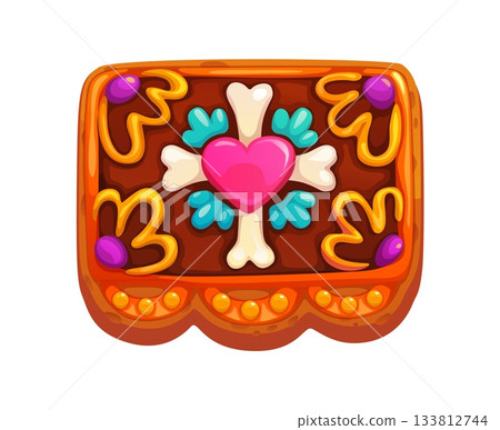 Day of the Dead cartoon holiday cookie with skeleton bones, pink heart and flowers. Mexican holiday sweet decoration for Dia de los Muertos. Vector frosted biscuit for Halloween or Dead Day invitation Day of the Dead cartoon holiday cookie with skeleton bones, pink heart and flowers. Mexican holiday sweet decoration for Dia de los Muertos. Vector frosted biscuit for Halloween or Dead Day invitation 133812744
