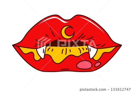 Groovy Halloween red vampire lips with sharp fangs and yellow moon. Vector funky cartoon mouth for scary and cute character for retro Halloween party. Woman red lips with evil fangs and scary smile Groovy Halloween red vampire lips with sharp fangs and yellow moon. Vector funky cartoon mouth for scary and cute character for retro Halloween party. Woman red lips with evil fangs and scary smile 133812747