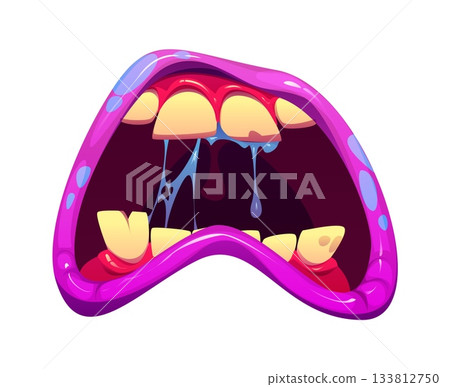 Cartoon Halloween monster jaw with wide open screaming mouth and crooked fangs. Pink glossy lips and slimy drool dripping from sharp teeth. Vector decorations for Halloween holiday party Cartoon Halloween monster jaw with wide open screaming mouth and crooked fangs. Pink glossy lips and slimy drool dripping from sharp teeth. Vector decorations for Halloween holiday party 133812750