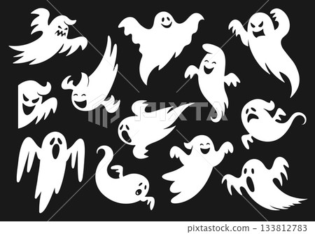 Cartoon scary and spooky ghost spirit vector characters with creepy faces, raised arms and floating tails in various poses. Halloween ghost silhouettes flying, screaming, smiling and haunting emotions Cartoon scary and spooky ghost spirit vector characters with creepy faces, raised arms and floating tails in various poses. Halloween ghost silhouettes flying, screaming, smiling and haunting emotions 133812783