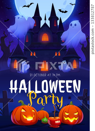 Halloween party vector flyer. Abandoned towering haunted castle with glowing orange windows surrounded by bats and flying ghosts, grinning jack o lantern pumpkins, candy apple and Halloween tombstones Halloween party vector flyer. Abandoned towering haunted castle with glowing orange windows surrounded by bats and flying ghosts, grinning jack o lantern pumpkins, candy apple and Halloween tombstones 133812787