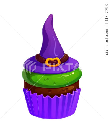 Cartoon Halloween sweet cupcake decorated with a purple witch hat and green cream. Vector delicious chocolate dessert for spooky holiday celebration, decorated with buckle hat and purple paper cup 133812798