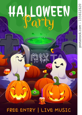 Halloween party invitation vector flyer. Two cheerful ghosts dressed as a pirate and a witch standing among glowing jack o lanterns. Behind them, a bubbling green cauldron surrounded by gravestones 133812820