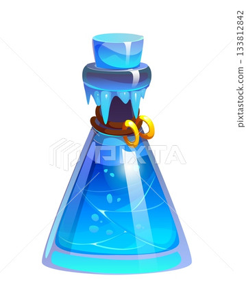 Cartoon magic potion vector bottle filled with glowing blue drink and sealed with icy stopper. Frost and icicles form around the neck, two golden rings hang from a brown strap. Witch potion bottle 133812842