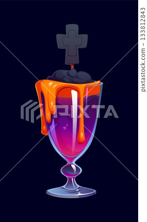 Spooky Halloween holiday party vector cocktail drink glass goblet filled with purple and orange liquid decorated with a grave cross tombstone. Halloween party, bar menu, funny recipe holiday cocktail Spooky Halloween holiday party vector cocktail drink glass goblet filled with purple and orange liquid decorated with a grave cross tombstone. Halloween party, bar menu, funny recipe holiday cocktail 133812843