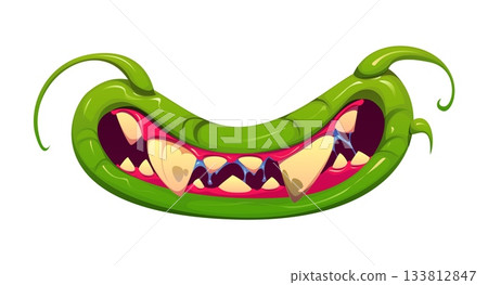 Cartoon Halloween monster jaw mouth with green slimy lips and mustache, crooked yellow sharp fangs and dripping saliva. Vector wide grotesque grin for creepy and funny spooky face for Halloween. Cartoon Halloween monster jaw mouth with green slimy lips and mustache, crooked yellow sharp fangs and dripping saliva. Vector wide grotesque grin for creepy and funny spooky face for Halloween. 133812847