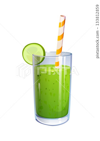 Cartoon green smoothie detox drink in a tall glass, garnished with striped straw and lime slice on the rim. Vector healthy smoothie with kiwi, celery, avocado and spinach with orange white straw 133812859