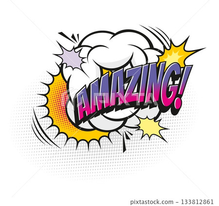 Amazing comic sound effect speech bubble symbol. Sound cloud halftone tag, expression speech bubble vintage vector sticker. Comic text balloon retro label with purple typography and explosion effect Amazing comic sound effect speech bubble symbol. Sound cloud halftone tag, expression speech bubble vintage vector sticker. Comic text balloon retro label with purple typography and explosion effect 133812861