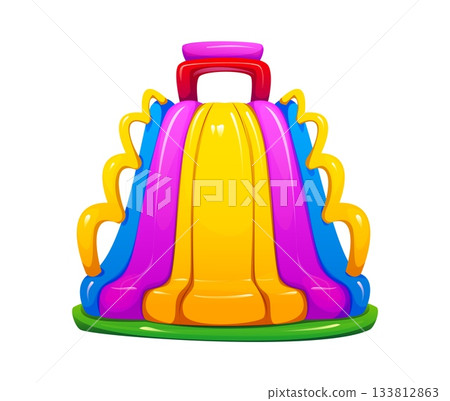 Inflatable slide or bouncy ride for kids trampoline park game play, cartoon vector. Bouncy slides or bouncer for entertainment park attraction of inflatable trampolines for kids playground 133812863