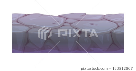 Game ground soil layer, seamless stone road platform. Cartoon vector paved textured section with pebble rocks, rocky landscaping structure with pavement or tile. Floor or natural cobble stone texture Game ground soil layer, seamless stone road platform. Cartoon vector paved textured section with pebble rocks, rocky landscaping structure with pavement or tile. Floor or natural cobble stone texture 133812867
