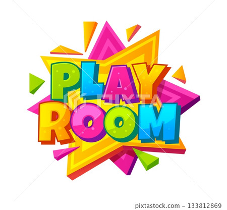 Kids party game zone color icon or tag. Kids game zone isolated tag or sticker, children party room cartoon vector icon. Amusement park banner or label with colorful childish typography text Kids party game zone color icon or tag. Kids game zone isolated tag or sticker, children party room cartoon vector icon. Amusement park banner or label with colorful childish typography text 133812869