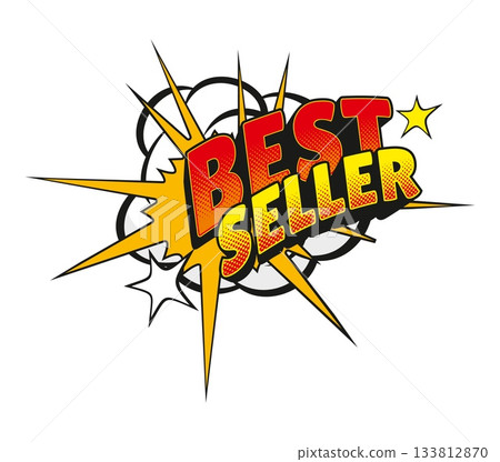 Bestseller sale comic speech bubble pop art sticker or label. Price off splash box label, discount comic vector bubble. Sale offer speech balloon sticker with halftone typography and explosion effect 133812870