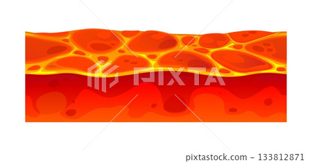 Game ground soil layer of lava, molten magma texture platform. Isolated cartoon vector volcano eruption hot formation for game. Cracked liquid lava surface layer section with red hot rocks and stones Game ground soil layer of lava, molten magma texture platform. Isolated cartoon vector volcano eruption hot formation for game. Cracked liquid lava surface layer section with red hot rocks and stones 133812871