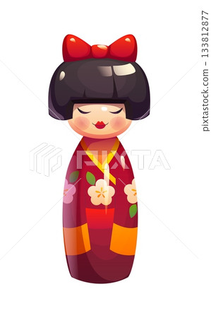 Japanese toy kokeshi doll, folk wooden toy with black hair, red ribbon and painted kimono decorated with flowers. Cute cartoon vector traditional Japan wooden figurine with closed eyes and calm face 133812877