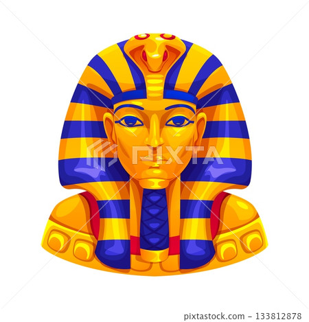 Ancient Egyptian game pharaoh mask icon with golden face and striped headdress. Golden burial Tutankhamun mask of ancient Egyptian treasures. Egypt bust Cartoon vector mummy artifact, historical item Ancient Egyptian game pharaoh mask icon with golden face and striped headdress. Golden burial Tutankhamun mask of ancient Egyptian treasures. Egypt bust Cartoon vector mummy artifact, historical item 133812878