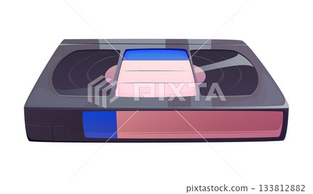 Cartoon VHS cassette tape. Retro vector nostalgic media and analog video storage technology. Movie and cinema object, vintage recording device with reels visible inside, a label section for writing 133812882