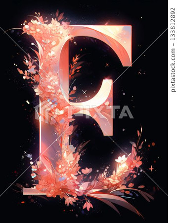 Vector alphabet with flowers and leaves on black background. Letter E Vector alphabet with flowers and leaves on black background. Letter E 133812892